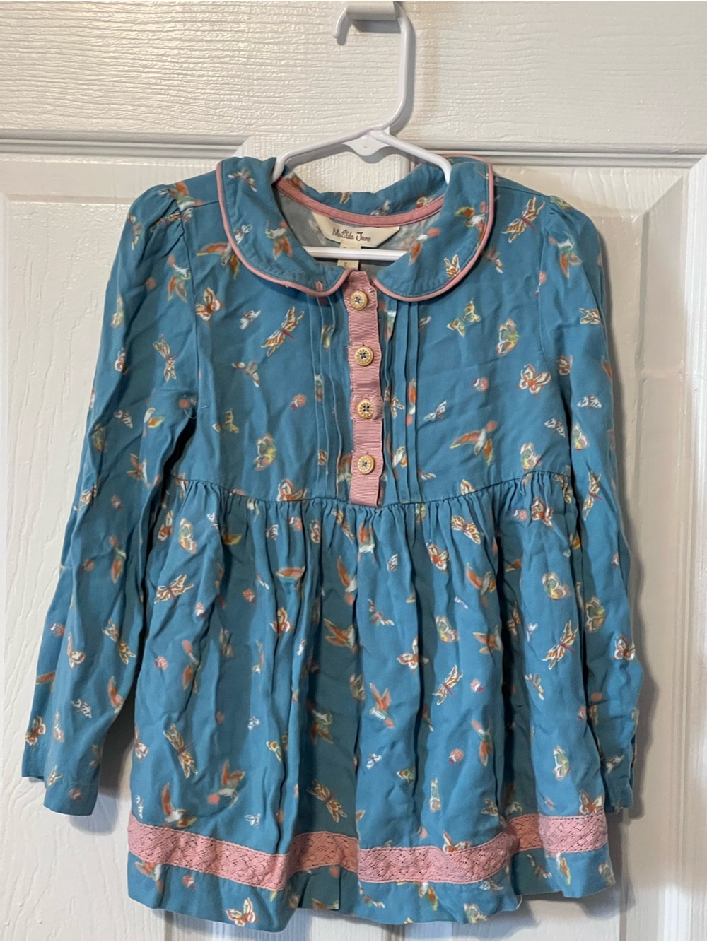 Matilda Jane Girls Size 6 Blue Bird Print Tunic Top Pink Crochet Boho